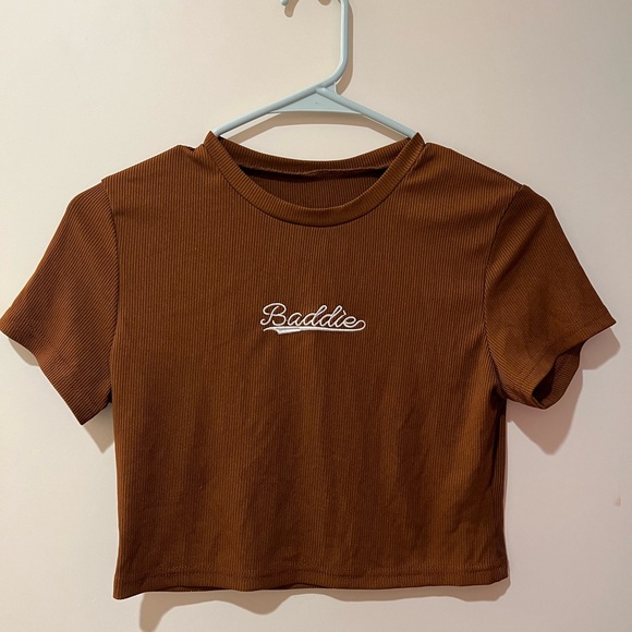 BADDIE Brown & White Statement Trendy Crop Top Baby Tee Shirt M - Picture 2 of 3